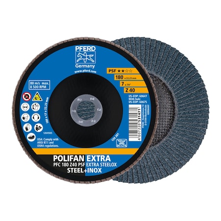 Pferd 7" x 7/8" A.H. POLIFAN Flap Disc - Z PSF EXTRA STEELOX, Zirconia, 40 Grit, Conical 60647